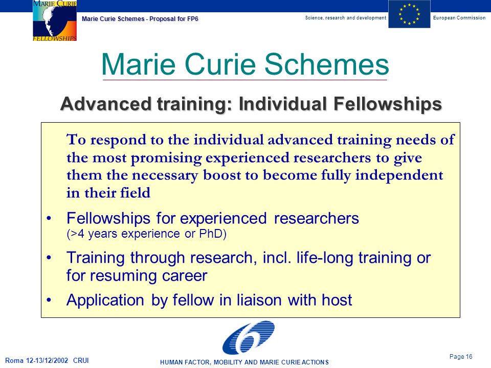 Science, research and developmentEuropean Commission HUMAN FACTOR, MOBILITY AND MARIE CURIE ACTIONS Page 16 Marie Curie Schemes - Proposal for FP6 Roma 12-13/12/2002 CRUI Marie Curie Schemes To respond to the individual advanced training needs of the most promising experienced researchers to give them the necessary boost to become fully independent in their field Fellowships for experienced researchers (>4 years experience or PhD) Training through research, incl.