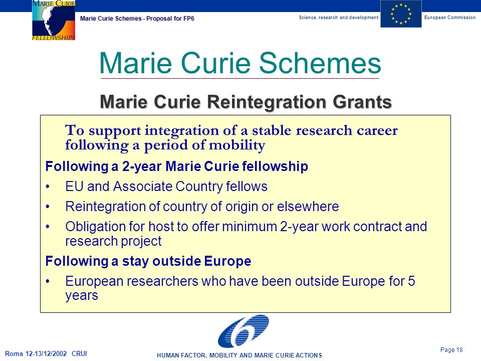 Science, research and developmentEuropean Commission HUMAN FACTOR, MOBILITY AND MARIE CURIE ACTIONS Page 18 Marie Curie Schemes - Proposal for FP6 Roma 12-13/12/2002 CRUI Marie Curie Schemes To support integration of a stable research career following a period of mobility Following a 2-year Marie Curie fellowship EU and Associate Country fellows Reintegration of country of origin or elsewhere Obligation for host to offer minimum 2-year work contract and research project Following a stay outside Europe European researchers who have been outside Europe for 5 years Marie Curie Reintegration Grants