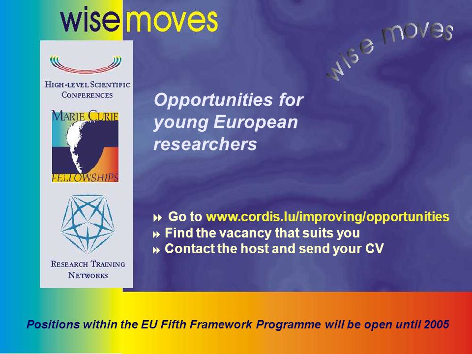 Science, research and developmentEuropean Commission HUMAN FACTOR, MOBILITY AND MARIE CURIE ACTIONS Page 24 Marie Curie Schemes - Proposal for FP6 Roma 12-13/12/2002 CRUI Opportunities for young European researchers  Go to    Find the vacancy that suits you  Contact the host and send your CV Positions within the EU Fifth Framework Programme will be open until 2005