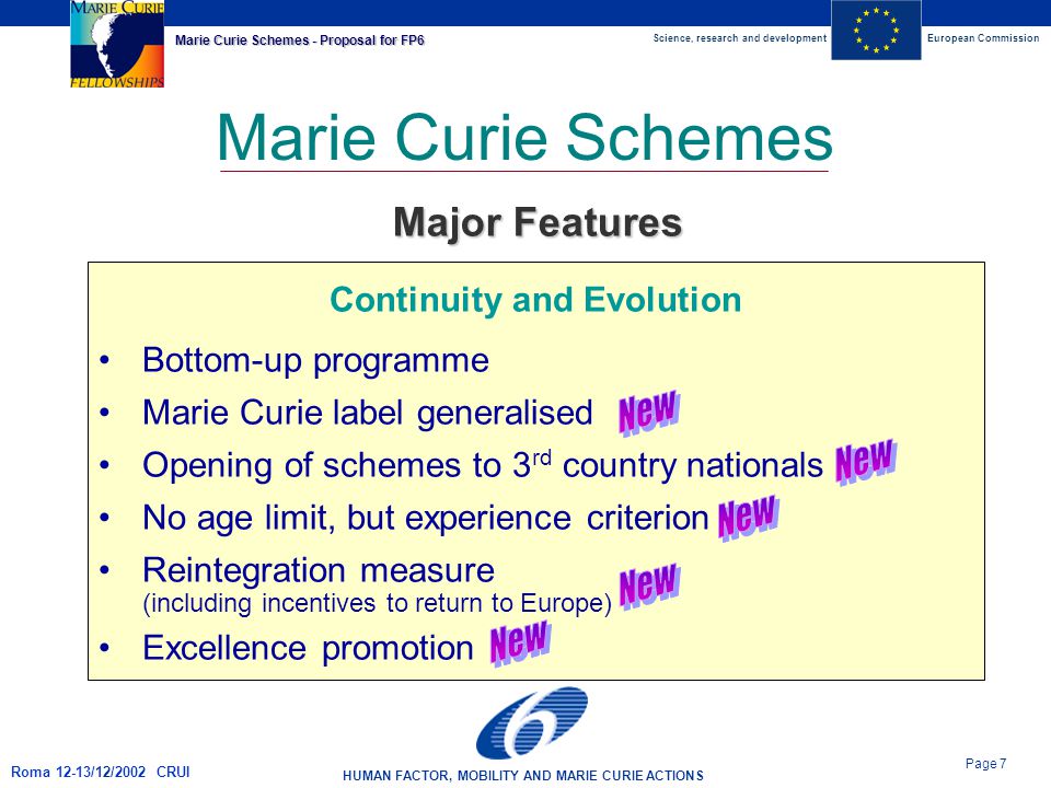 Science, research and developmentEuropean Commission HUMAN FACTOR, MOBILITY AND MARIE CURIE ACTIONS Page 7 Marie Curie Schemes - Proposal for FP6 Roma 12-13/12/2002 CRUI Marie Curie Schemes Continuity and Evolution Bottom-up programme Marie Curie label generalised Opening of schemes to 3 rd country nationals No age limit, but experience criterion Reintegration measure (including incentives to return to Europe) Excellence promotion Major Features