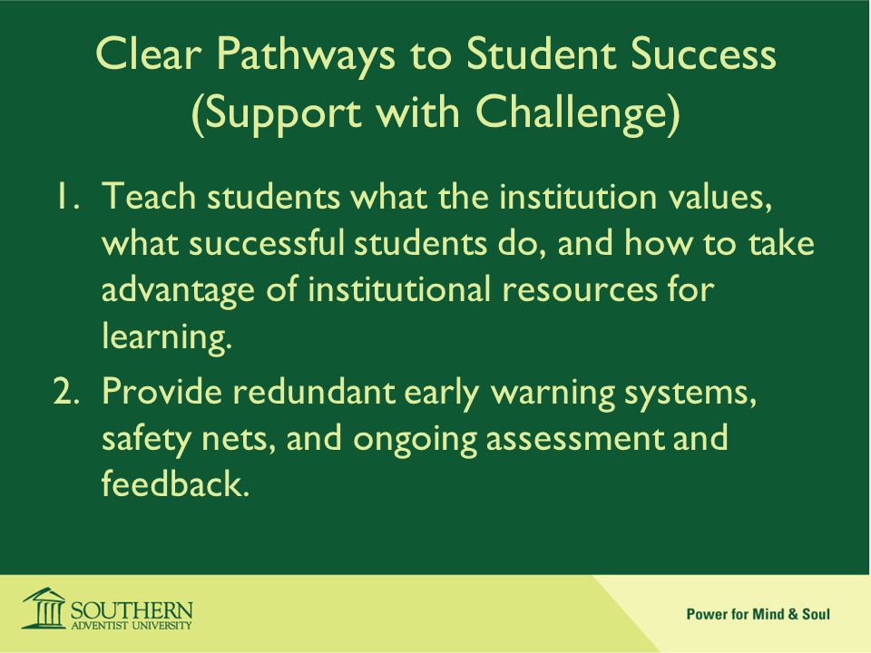 Clear Pathways to Student Success (Support with Challenge) 1.Teach students what the institution values, what successful students do, and how to take advantage of institutional resources for learning.