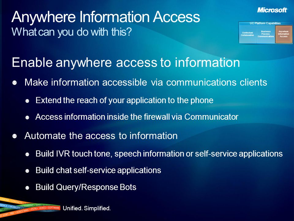 Unified. Simplified. Anywhere Information Access What can you do with this.