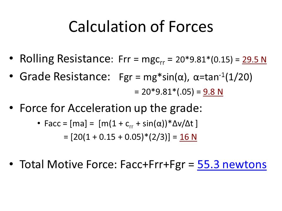 Calculation of Forces Rolling Resistance : Frr = mgc rr = 20*9.81*(0.15) = 29.5 N Grade Resistance: Fgr = mg*sin(α), α=tan -1 (1/20) = 20*9.81*(.05) = 9.8 N Force for Acceleration up the grade: Facc = [ma] = [m(1 + c rr + sin(α))*Δv/Δt ] = [20( )*(2/3)] = 16 N Total Motive Force: Facc+Frr+Fgr = 55.3 newtons