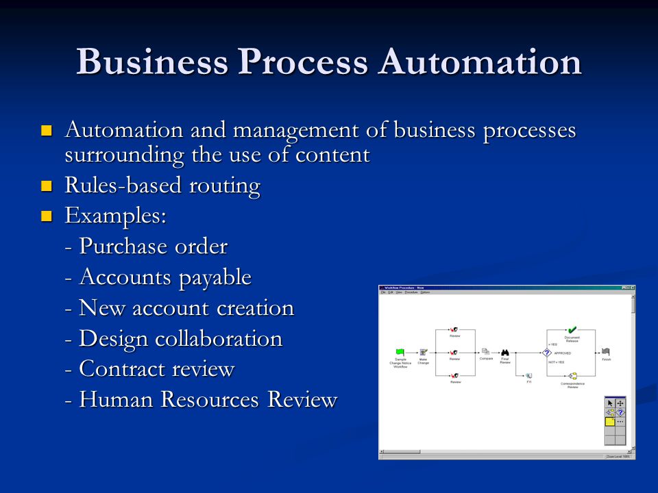 Business Process Automation Automation and management of business processes surrounding the use of content Automation and management of business processes surrounding the use of content Rules-based routing Rules-based routing Examples: Examples: - Purchase order - Accounts payable - New account creation - Design collaboration - Contract review - Human Resources Review