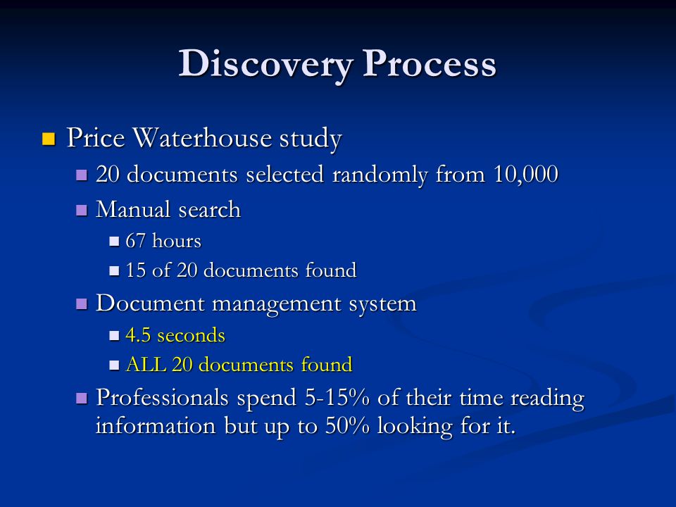 Discovery Process Price Waterhouse study Price Waterhouse study 20 documents selected randomly from 10, documents selected randomly from 10,000 Manual search Manual search 67 hours 67 hours 15 of 20 documents found 15 of 20 documents found Document management system Document management system 4.5 seconds 4.5 seconds ALL 20 documents found ALL 20 documents found Professionals spend 5-15% of their time reading information but up to 50% looking for it.