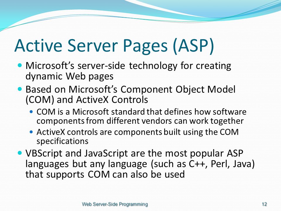 Active Server Pages (ASP) Microsoft’s server-side technology for creating dynamic Web pages Based on Microsoft’s Component Object Model (COM) and ActiveX Controls COM is a Microsoft standard that defines how software components from different vendors can work together ActiveX controls are components built using the COM specifications VBScript and JavaScript are the most popular ASP languages but any language (such as C++, Perl, Java) that supports COM can also be used Web Server-Side Programming12