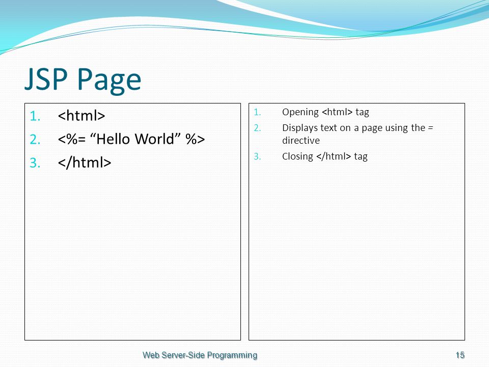 JSP Page Opening tag 2. Displays text on a page using the = directive 3.