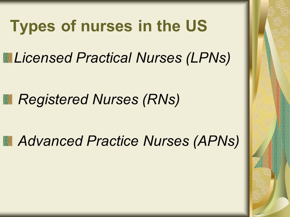 Types of nurses in the US Licensed Practical Nurses (LPNs) Registered Nurses (RNs) Advanced Practice Nurses (APNs)