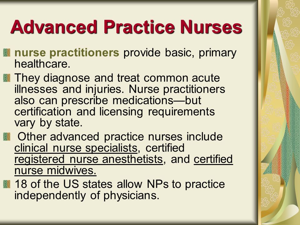 Advanced Practice Nurses nurse practitioners provide basic, primary healthcare.