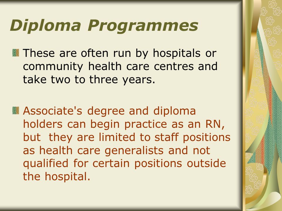 Diploma Programmes These are often run by hospitals or community health care centres and take two to three years.