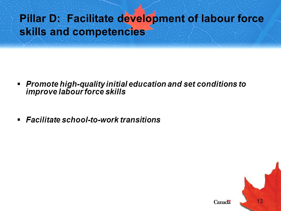 13 Pillar D: Facilitate development of labour force skills and competencies  Promote high-quality initial education and set conditions to improve labour force skills  Facilitate school-to-work transitions