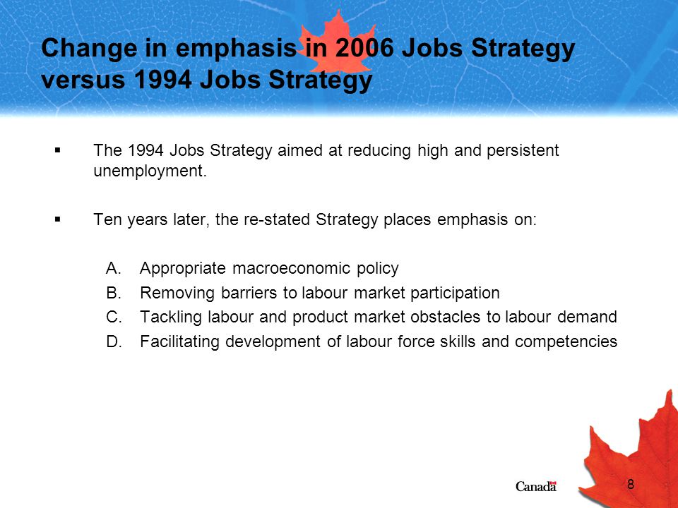 8 Change in emphasis in 2006 Jobs Strategy versus 1994 Jobs Strategy  The 1994 Jobs Strategy aimed at reducing high and persistent unemployment.