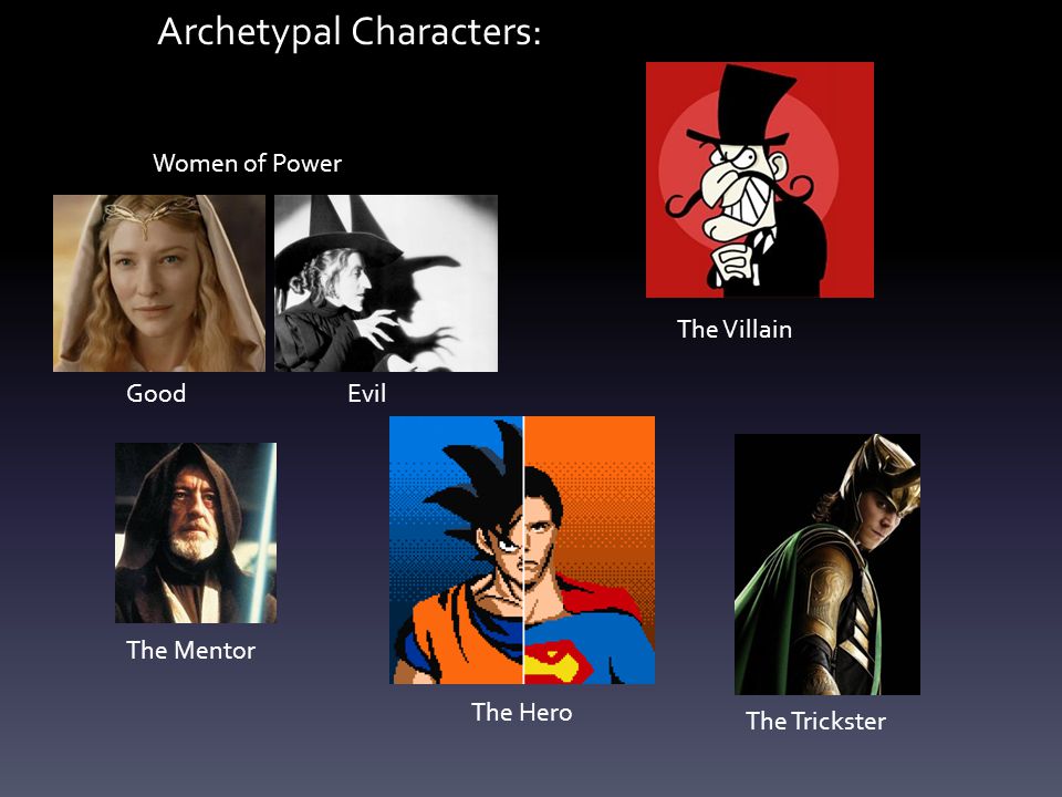 Archetypal Characters: The Villain The Mentor Women of Power GoodEvil The Hero The Trickster