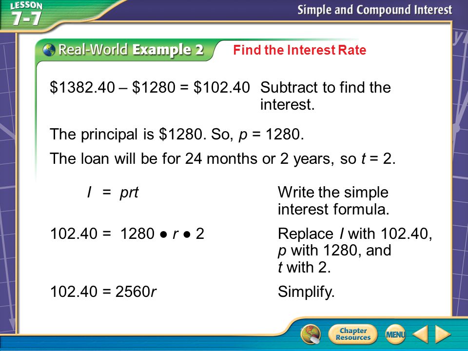 Example 2 Find the Interest Rate $ – $1280 = $102.40Subtract to find the interest.