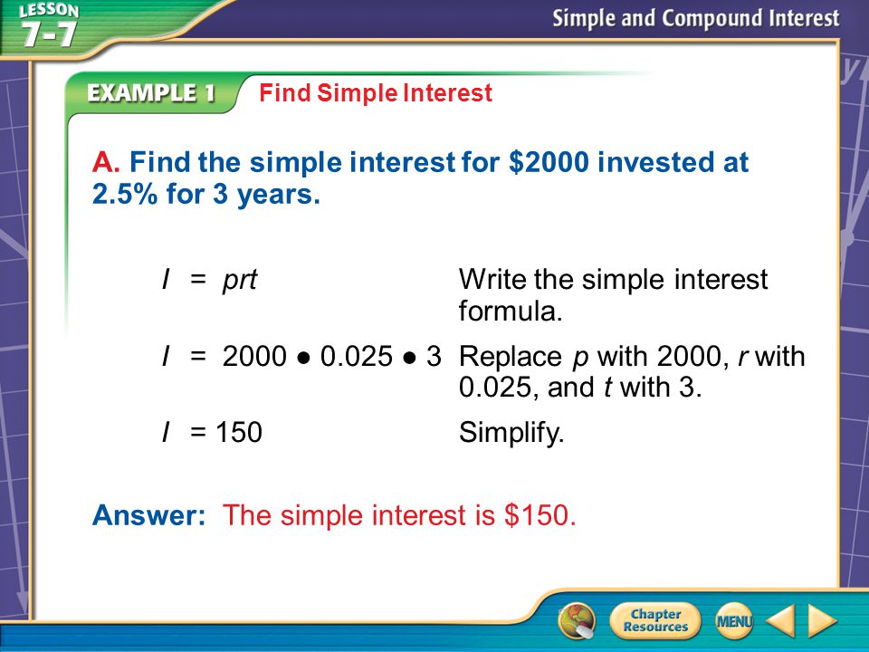 Example 1A Find Simple Interest A. Find the simple interest for $2000 invested at 2.5% for 3 years.