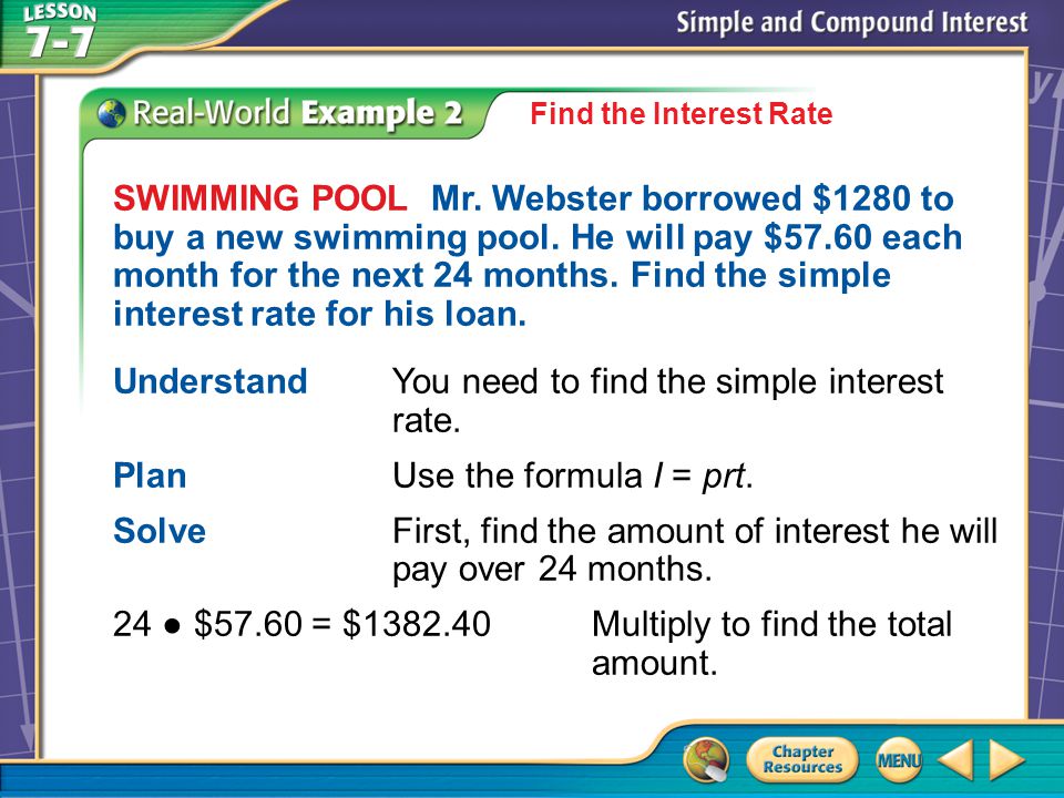 Example 2 Find the Interest Rate SWIMMING POOL Mr.