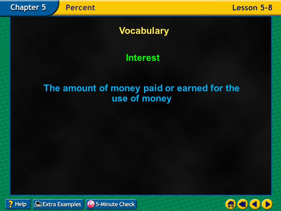 Example 8-3d Vocabulary Interest The amount of money paid or earned for the use of money