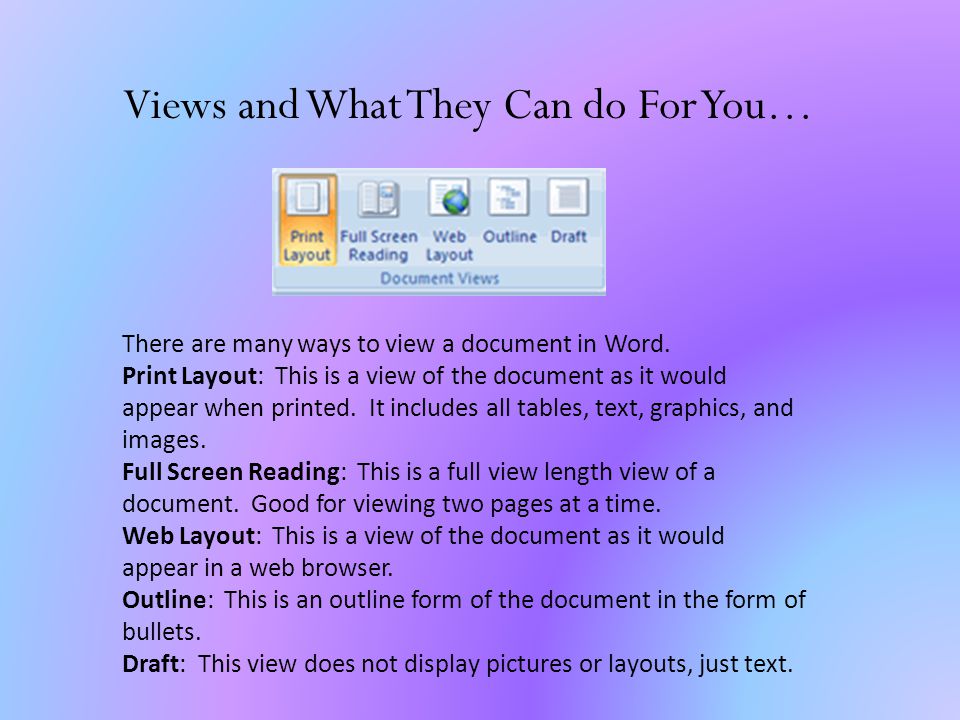 Views and What They Can do For You… There are many ways to view a document in Word.