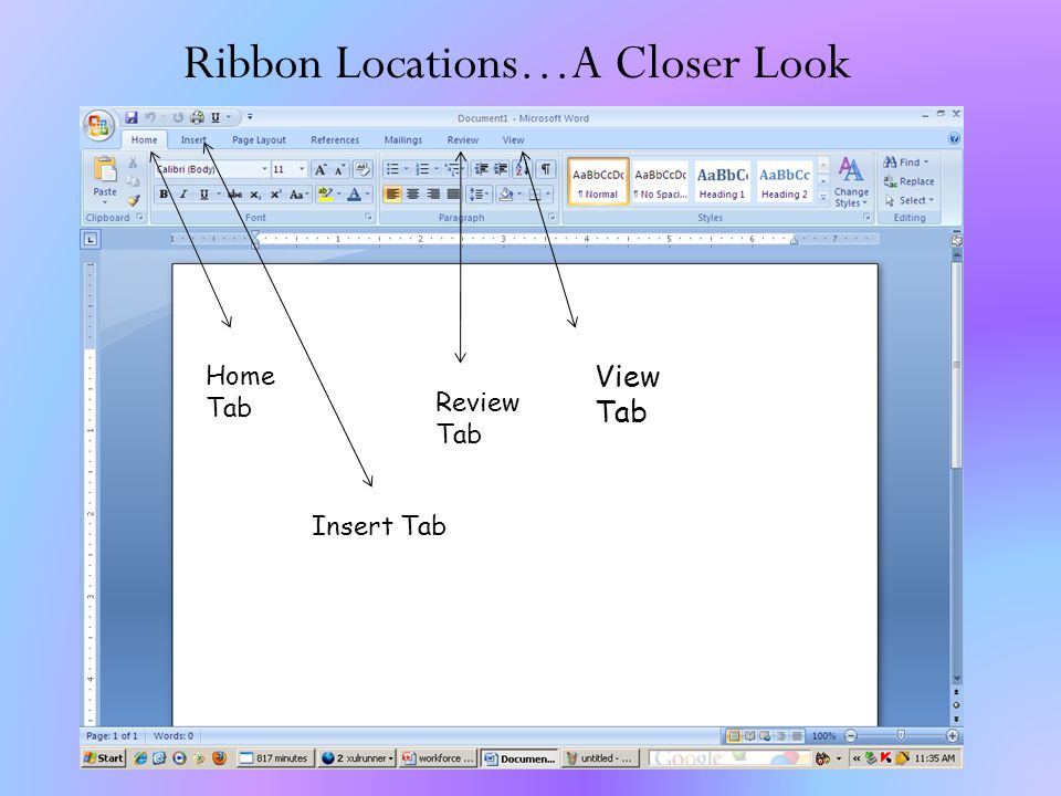 Ribbon Locations…A Closer Look Home Tab Insert Tab Review Tab View Tab