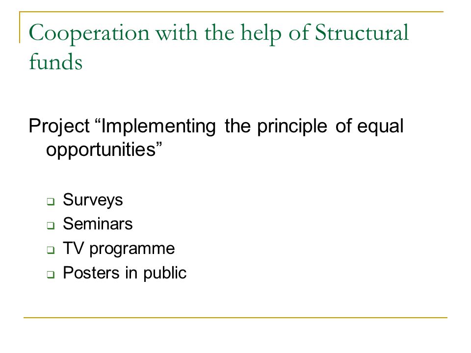 Cooperation with the help of Structural funds Project Implementing the principle of equal opportunities  Surveys  Seminars  TV programme  Posters in public