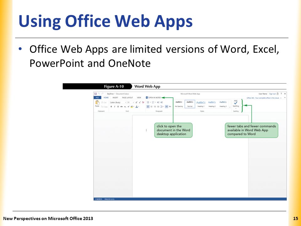 XP Using Office Web Apps Office Web Apps are limited versions of Word, Excel, PowerPoint and OneNote New Perspectives on Microsoft Office