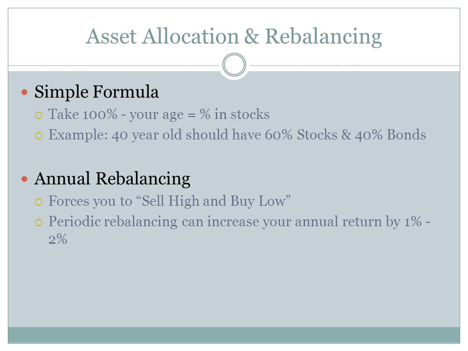 Asset Allocation & Rebalancing Simple Formula  Take 100% - your age = % in stocks  Example: 40 year old should have 60% Stocks & 40% Bonds Annual Rebalancing  Forces you to Sell High and Buy Low  Periodic rebalancing can increase your annual return by 1% - 2%