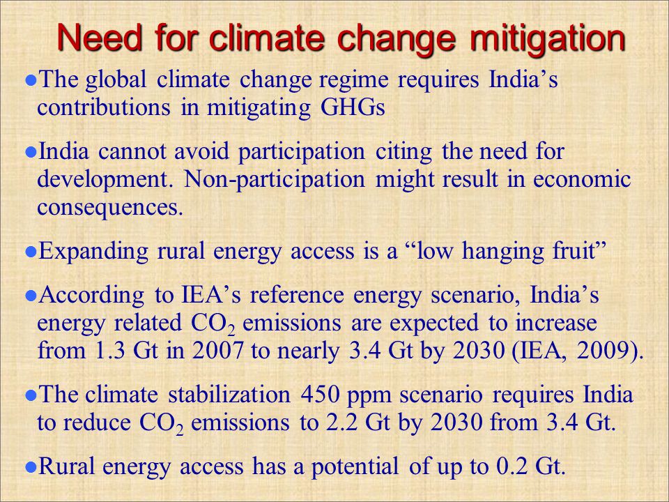 Need for climate change mitigation The global climate change regime requires India’s contributions in mitigating GHGs India cannot avoid participation citing the need for development.