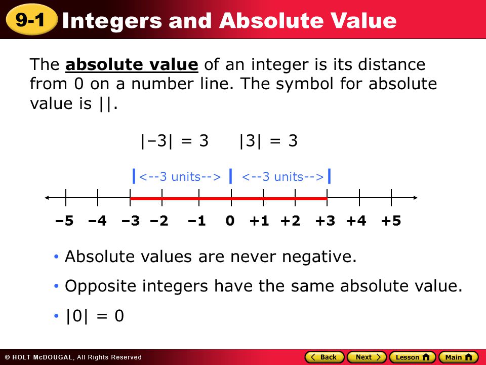 9-1 Integers and Absolute Value The absolute value of an integer is its distance from 0 on a number line.