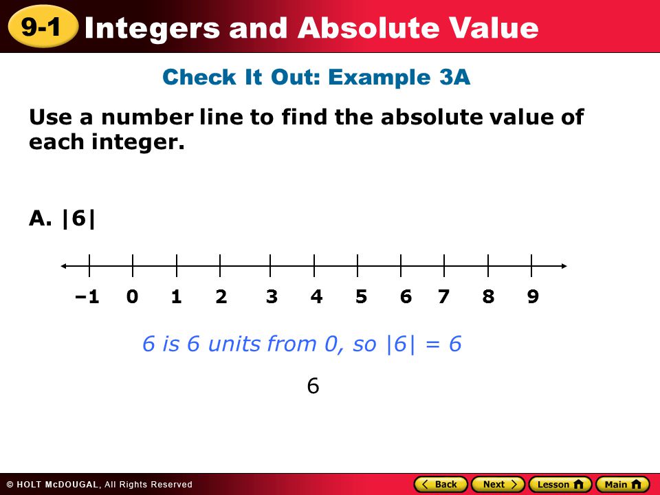 9-1 Integers and Absolute Value Check It Out: Example 3A Use a number line to find the absolute value of each integer.