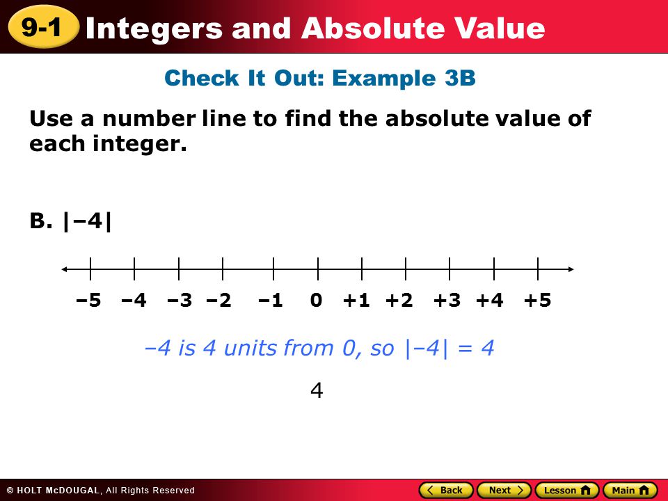 9-1 Integers and Absolute Value Check It Out: Example 3B Use a number line to find the absolute value of each integer.