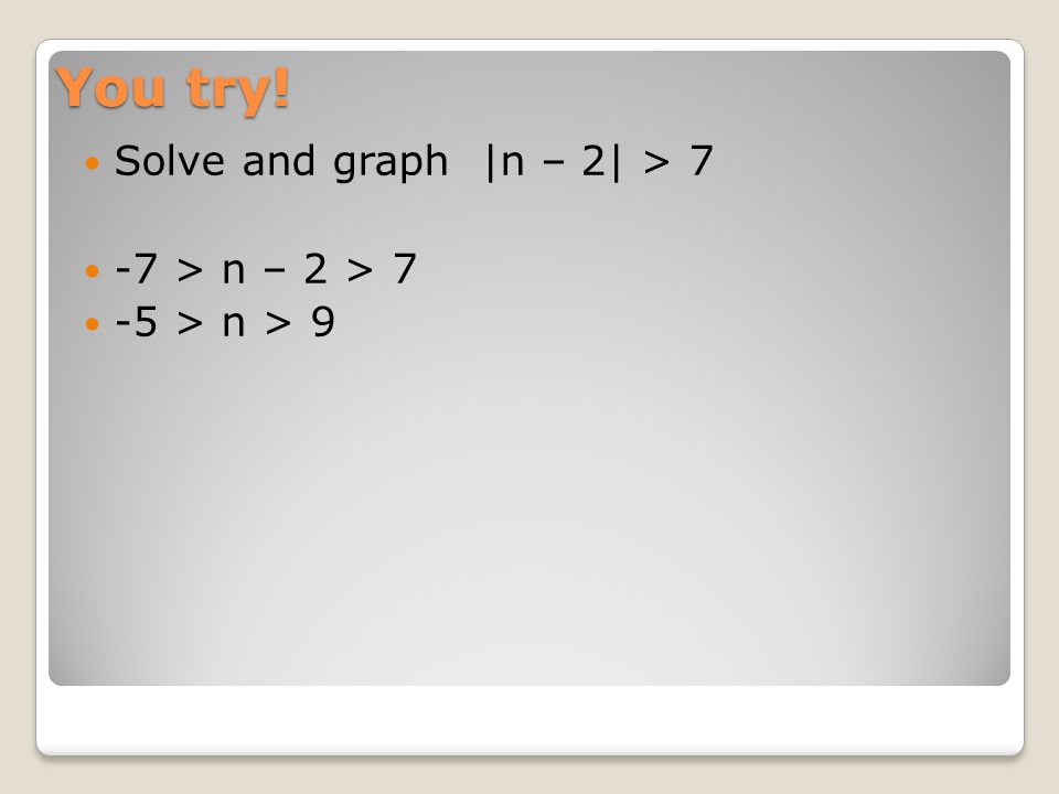 You try! Solve and graph |n – 2| > 7 -7 > n – 2 > 7 -5 > n > 9