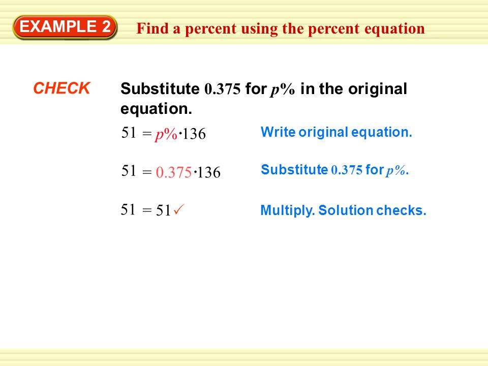 Multiply. Solution checks. Substitute for p%.
