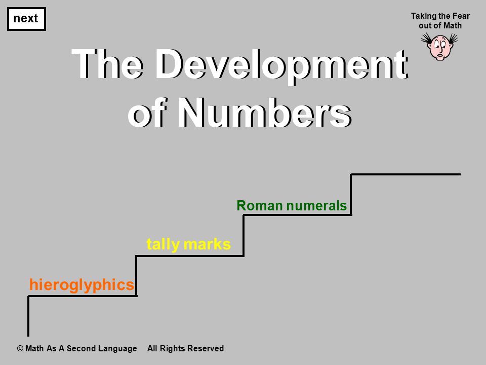 The Development of Numbers The Development of Numbers next Taking the Fear out of Math © Math As A Second Language All Rights Reserved hieroglyphics tally marks Roman numerals