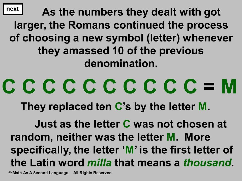 C C C C C C C C C C = M They replaced ten C’s by the letter M.