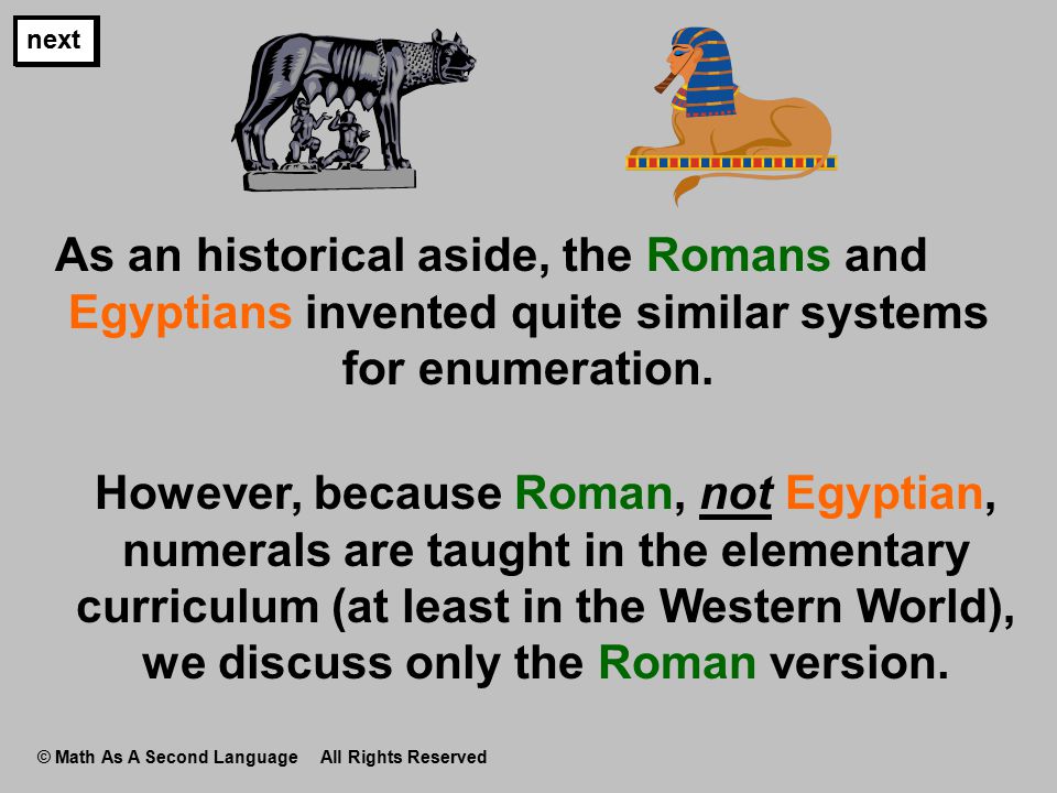 As an historical aside, the Romans and Egyptians invented quite similar systems for enumeration.