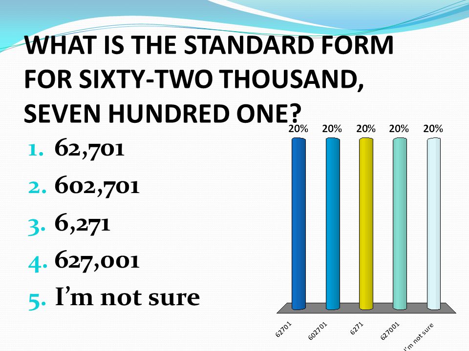 WHAT IS THE STANDARD FORM FOR SIXTY-TWO THOUSAND, SEVEN HUNDRED ONE.