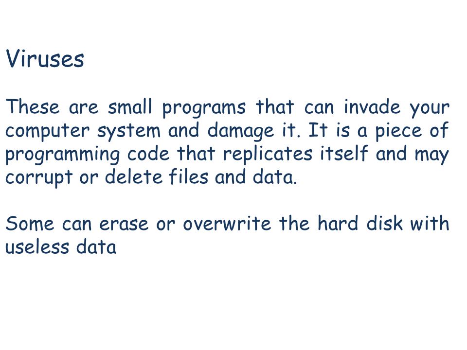 Viruses These are small programs that can invade your computer system and damage it.