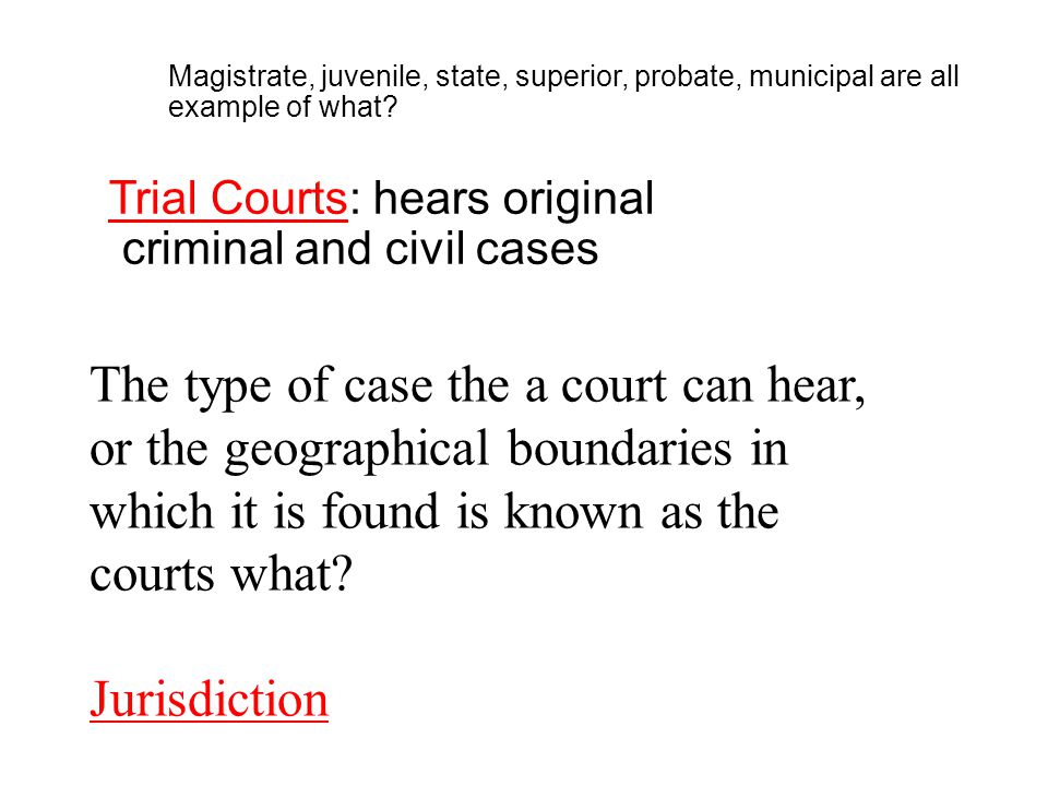 Magistrate, juvenile, state, superior, probate, municipal are all example of what.