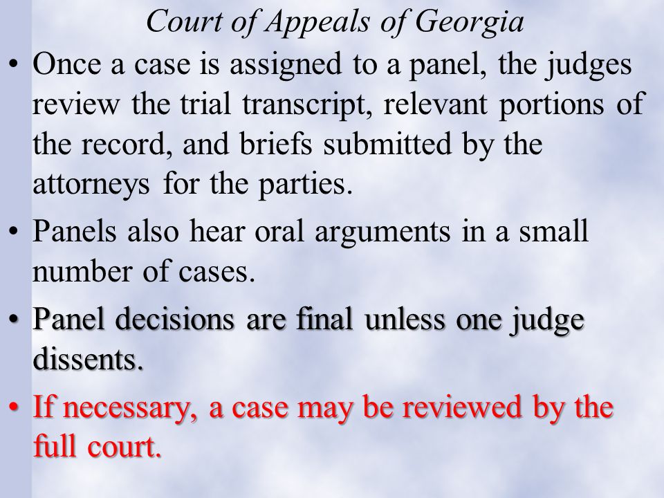 Court of Appeals of Georgia Once a case is assigned to a panel, the judges review the trial transcript, relevant portions of the record, and briefs submitted by the attorneys for the parties.