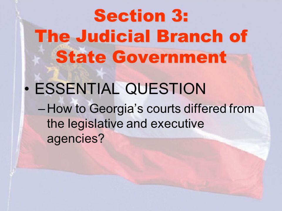 Section 3: The Judicial Branch of State Government ESSENTIAL QUESTION –How to Georgia’s courts differed from the legislative and executive agencies