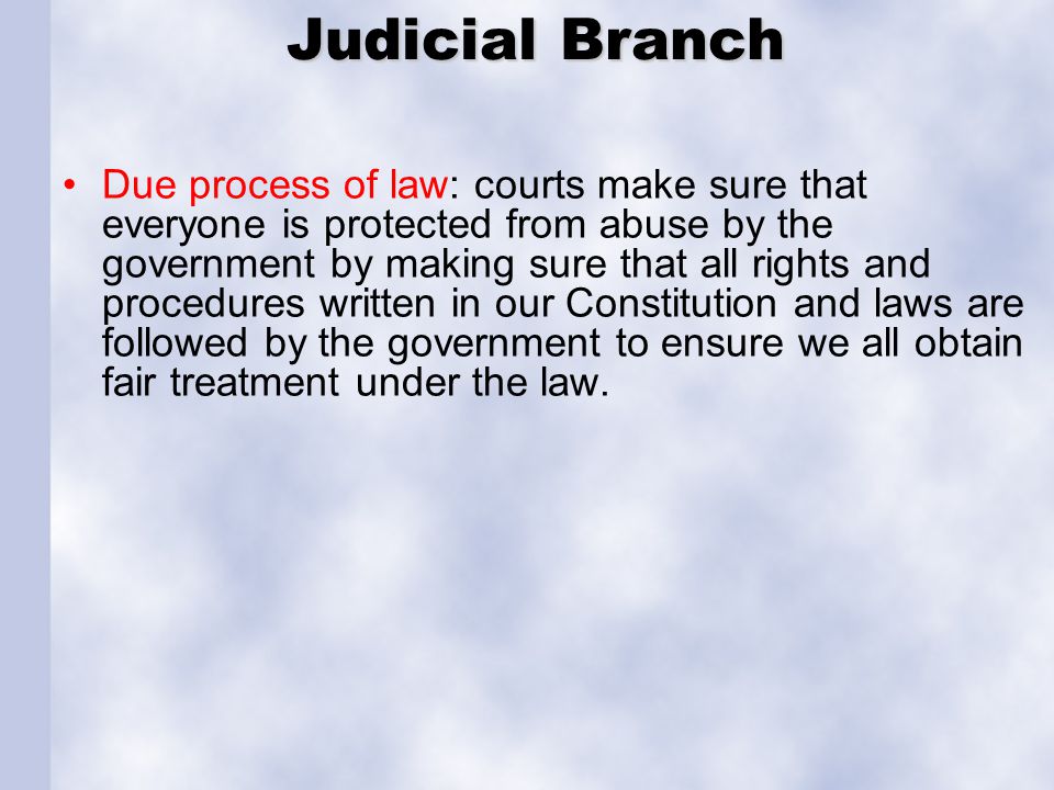 Judicial Branch Due process of law: courts make sure that everyone is protected from abuse by the government by making sure that all rights and procedures written in our Constitution and laws are followed by the government to ensure we all obtain fair treatment under the law.