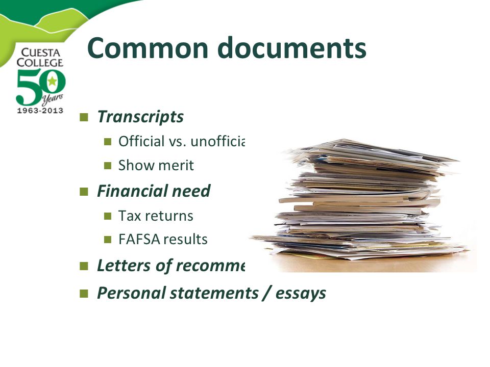 Common documents Transcripts Official vs.