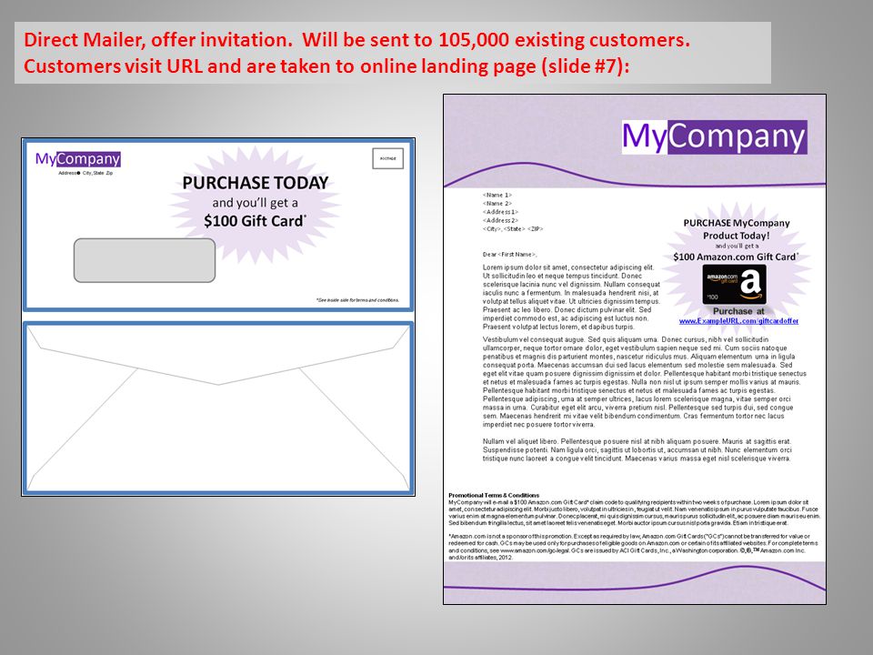 Direct Mailer, offer invitation. Will be sent to 105,000 existing customers.