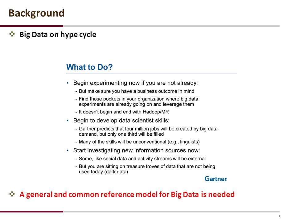 Background  Big Data on hype cycle  A general and common reference model for Big Data is needed 5