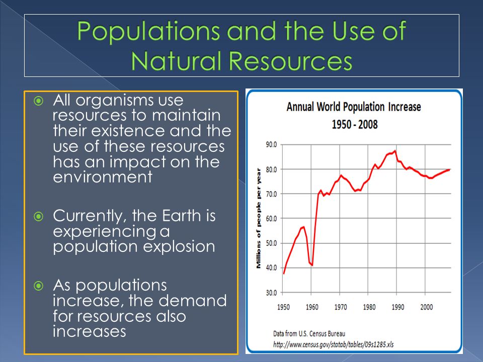  All organisms use resources to maintain their existence and the use of these resources has an impact on the environment  Currently, the Earth is experiencing a population explosion  As populations increase, the demand for resources also increases
