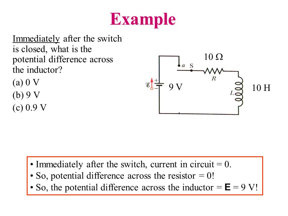 Example Immediately after the switch is closed, what is the potential difference across the inductor.