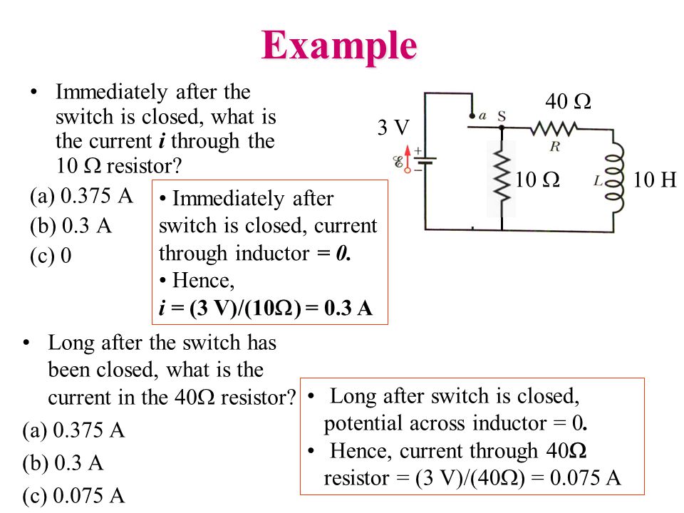 Example Immediately after the switch is closed, what is the current i through the 10  resistor.