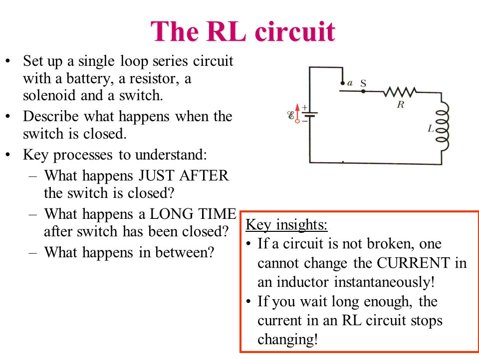 The RL circuit Set up a single loop series circuit with a battery, a resistor, a solenoid and a switch.