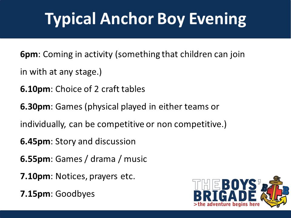 6pm: Coming in activity (something that children can join in with at any stage.) 6.10pm: Choice of 2 craft tables 6.30pm: Games (physical played in either teams or individually, can be competitive or non competitive.) 6.45pm: Story and discussion 6.55pm: Games / drama / music 7.10pm: Notices, prayers etc.