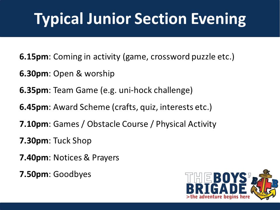 6.15pm: Coming in activity (game, crossword puzzle etc.) 6.30pm: Open & worship 6.35pm: Team Game (e.g.